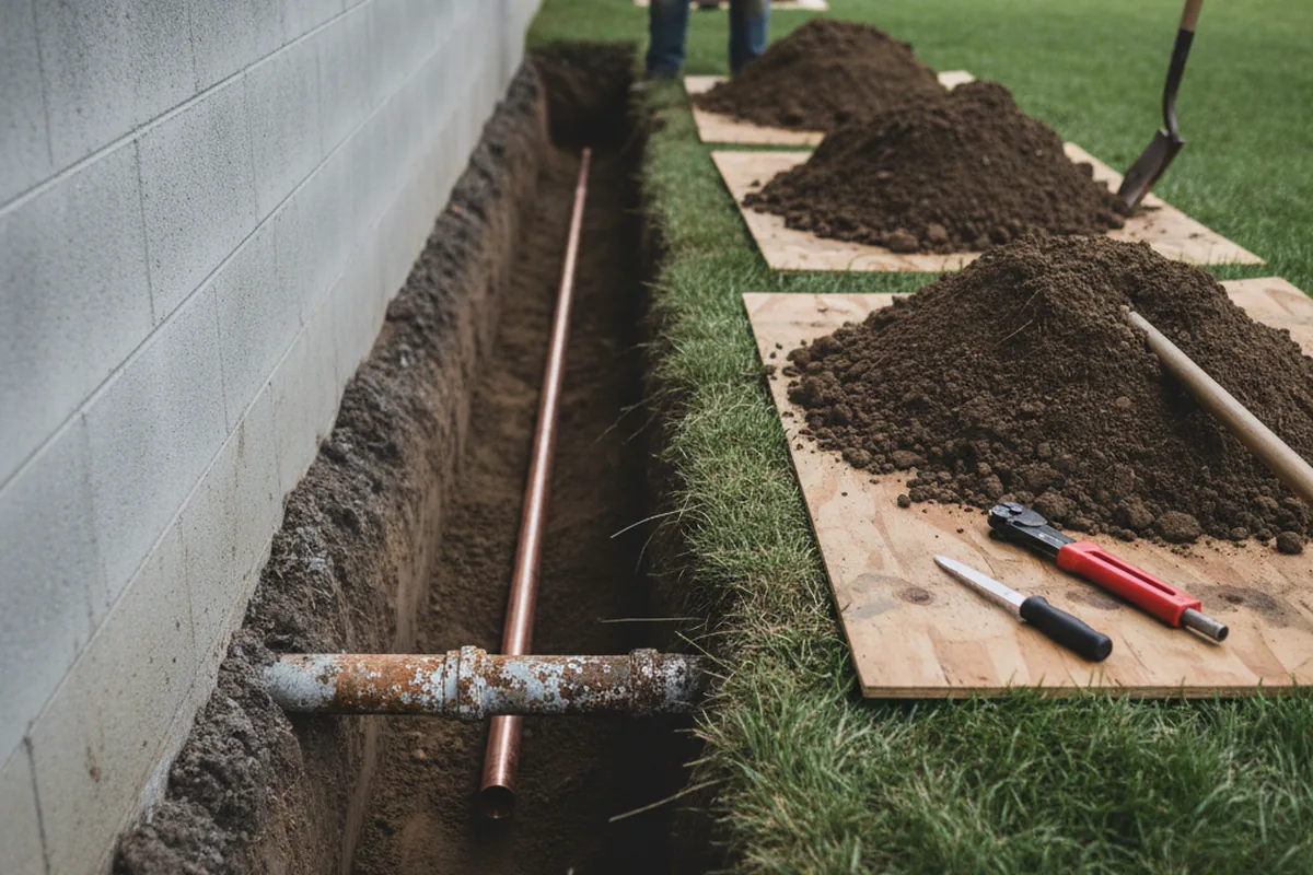 Excavated water line trench during Sewer Line Repair in New Holland